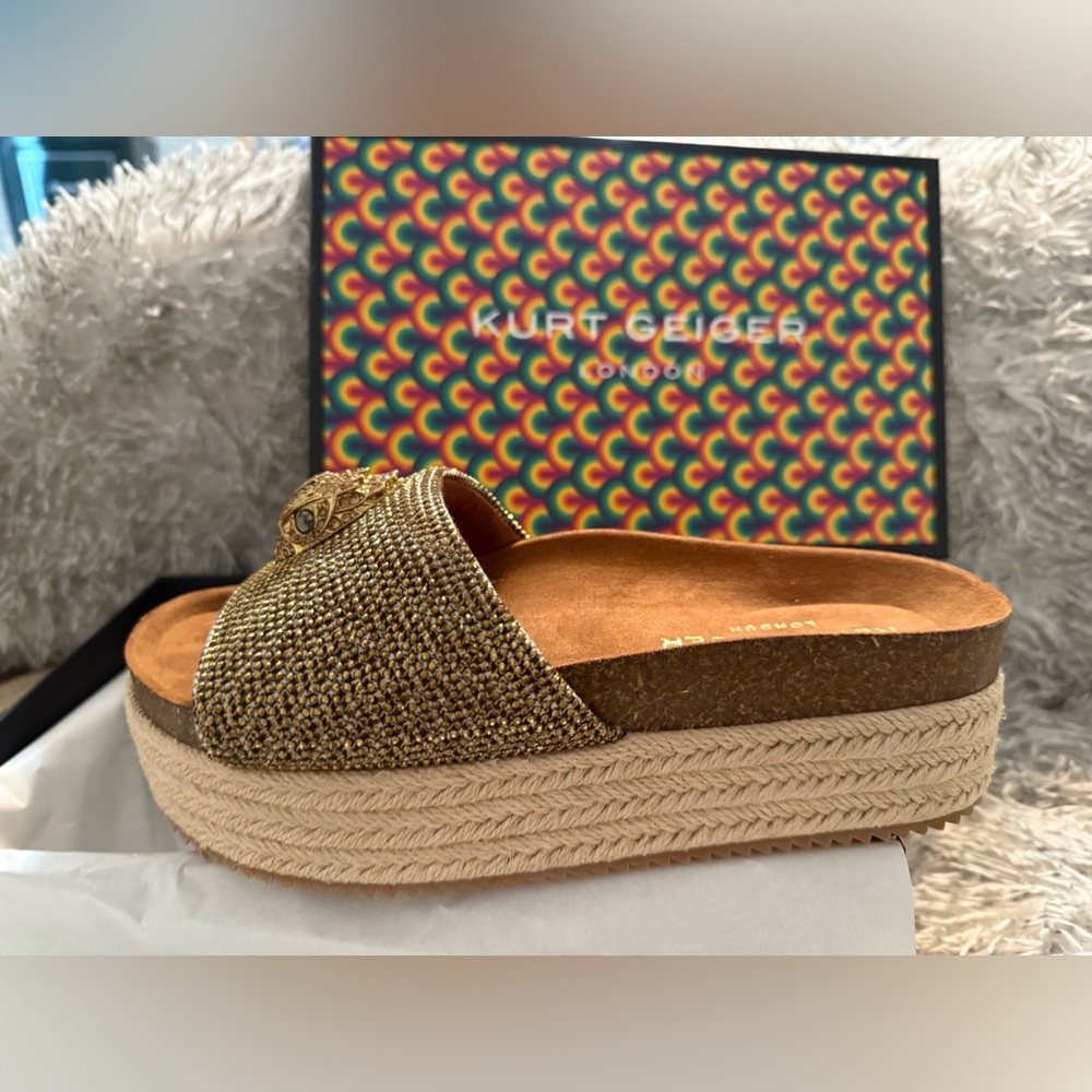 Kurt Geiger Gold Sandals Kensington Flatform Sz 7.5